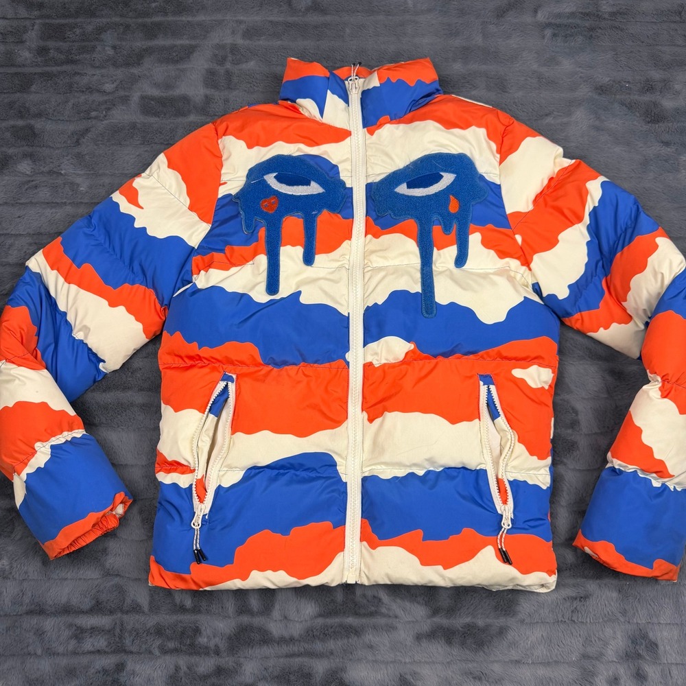 Roku Studio Mens Puffer Jacket Orange Blue Cream Wavy Drip Eye Patch Small